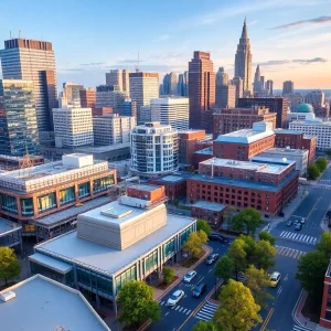 A view of Philadelphia's life sciences district with modern buildings and greenery.