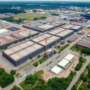 Aerial view of construction and development at the Philadelphia Navy Yard