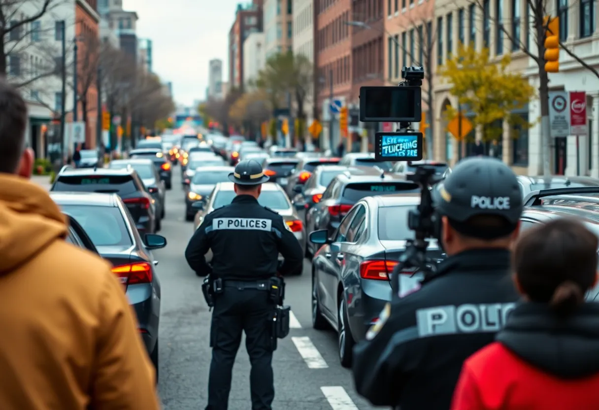 Police in Philadelphia monitor a crowded street during illegal car meetups.