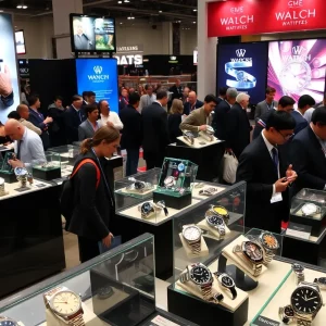 People exploring the Philadelphia Watch Trade Show with luxury watches on display