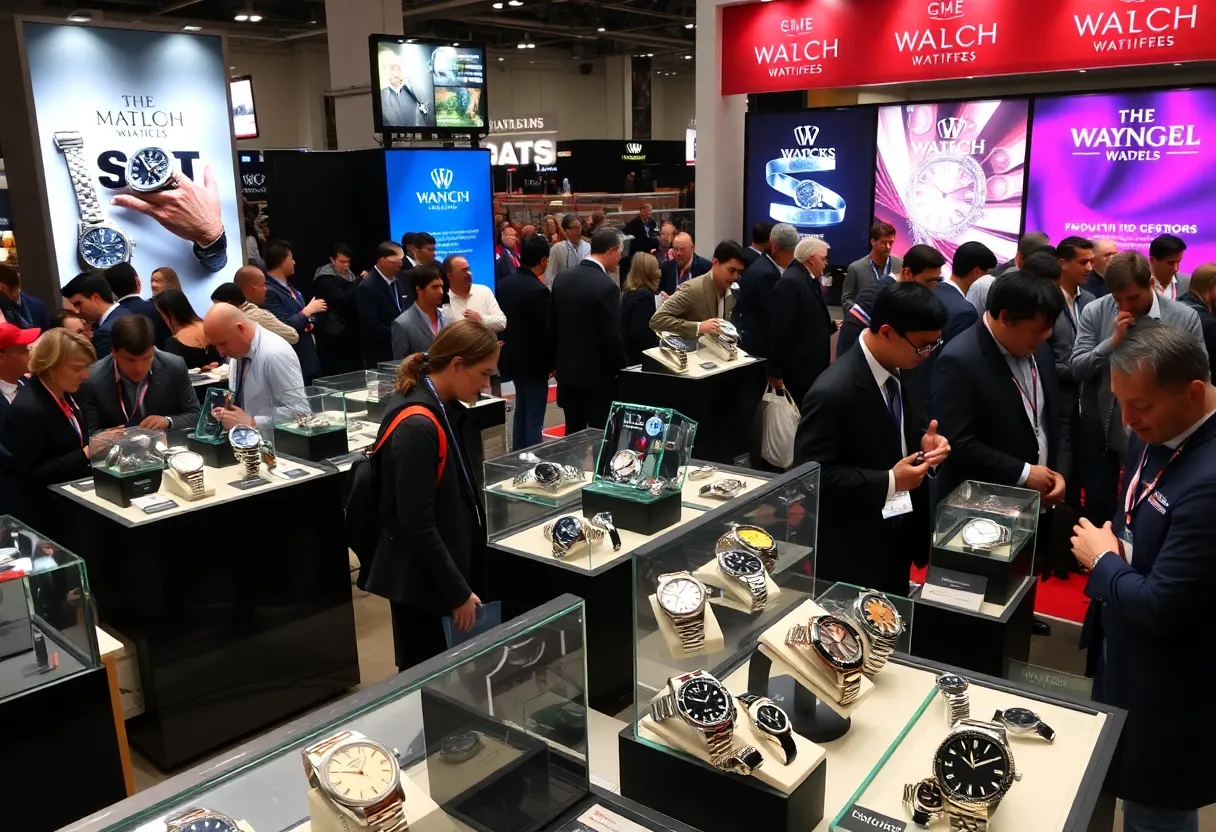 People exploring the Philadelphia Watch Trade Show with luxury watches on display