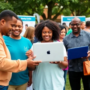Event participants receiving laptops and information about digital access in Philadelphia.