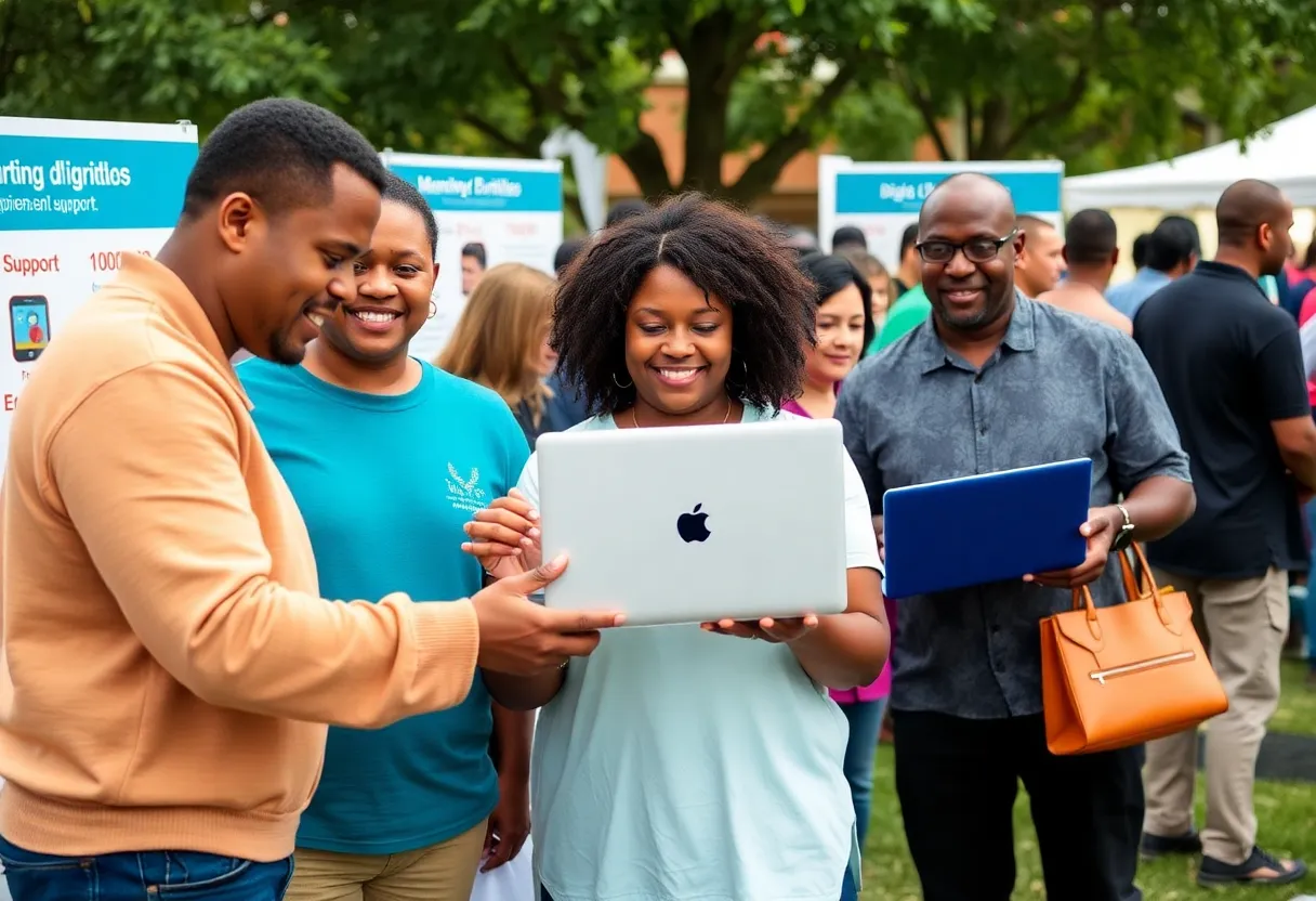 Event participants receiving laptops and information about digital access in Philadelphia.