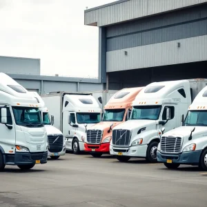 Fleet of Proficient Auto Logistics trucks at operational base