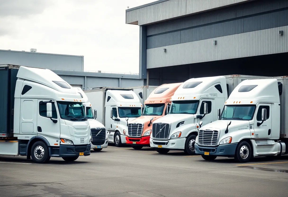 Fleet of Proficient Auto Logistics trucks at operational base