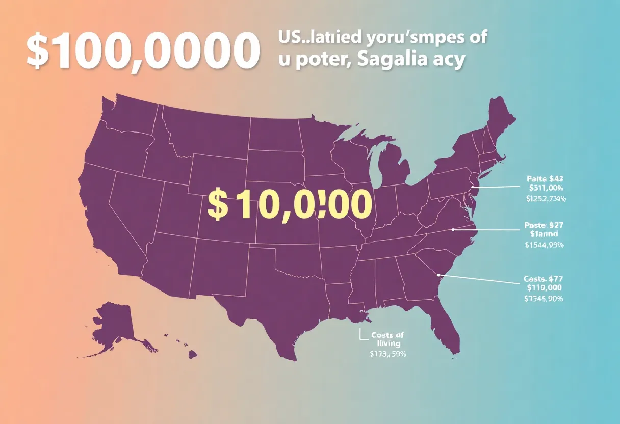 Infographic depicting purchasing power of $100,000 salary across U.S. states.