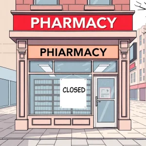 Illustration of a closed pharmacy store with urban redevelopment in the background.