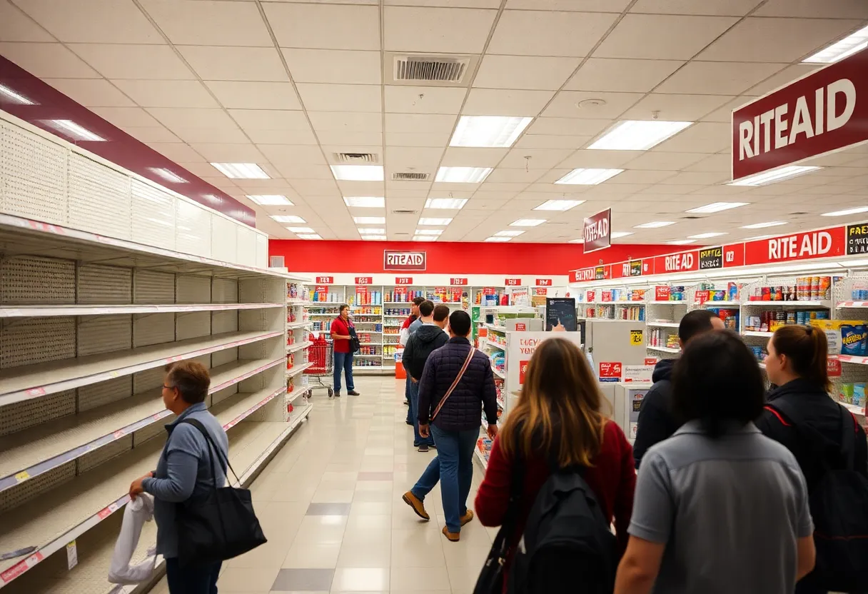 Rite Aid store showcasing empty shelves and pharmacy presence amidst bankruptcy proceedings.