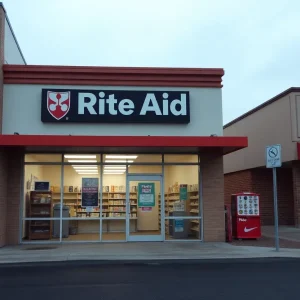 Closed Rite Aid store with signs indicating it's out of business.