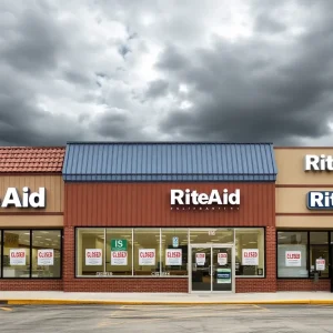 Closed Rite Aid storefronts with signs of liquidation sales.