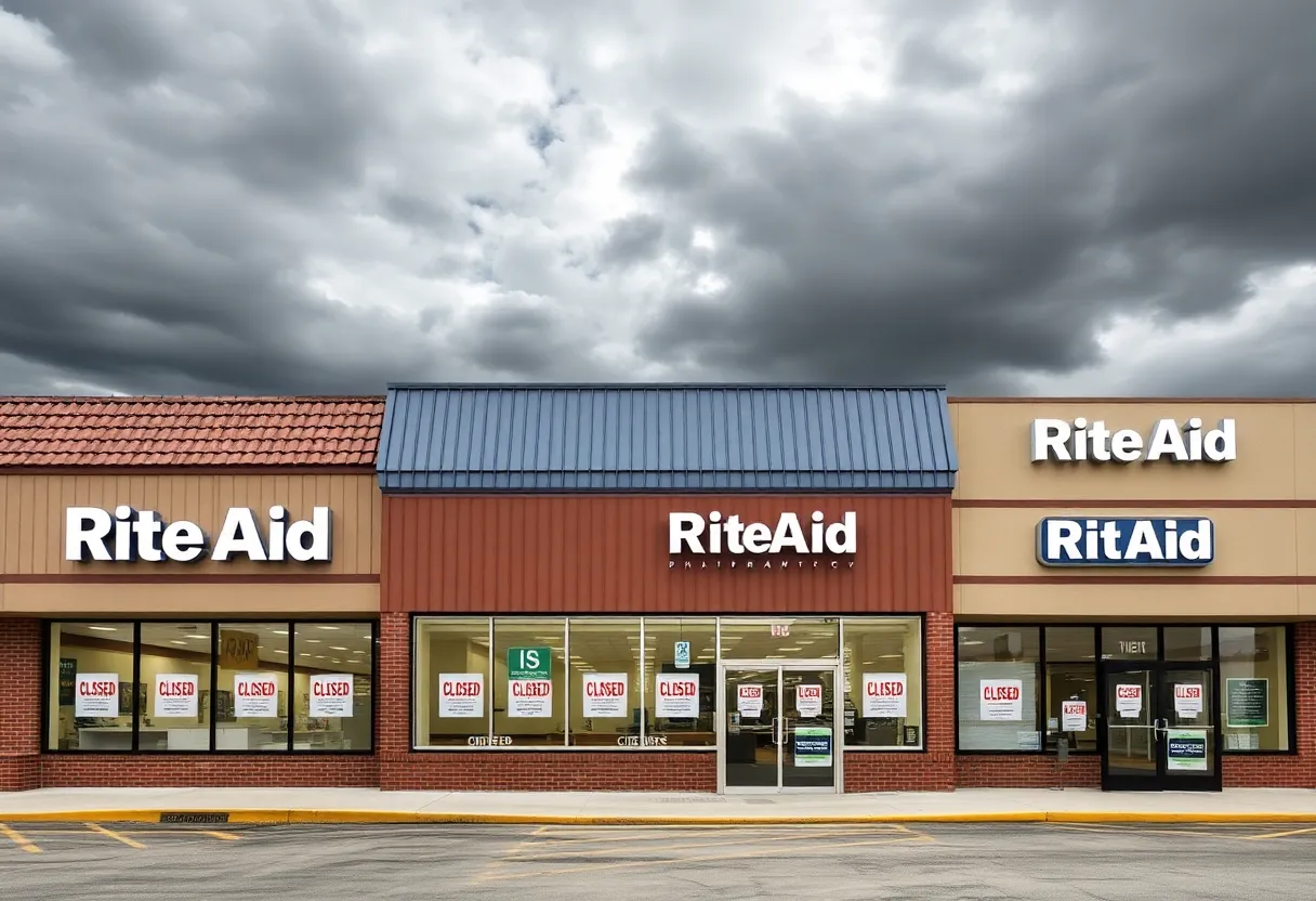 Closed Rite Aid storefronts with signs of liquidation sales.