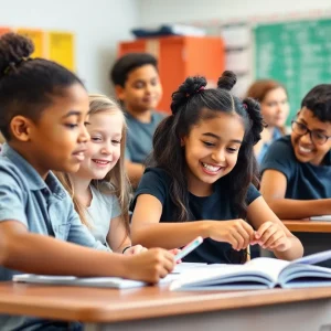 Students participating in a vibrant classroom discussing school choice.