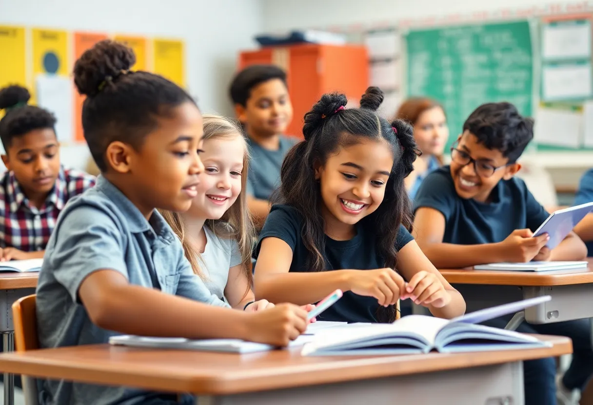Students participating in a vibrant classroom discussing school choice.