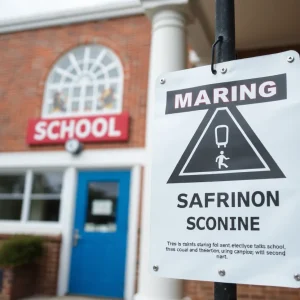 Exterior view of a school with safety warnings