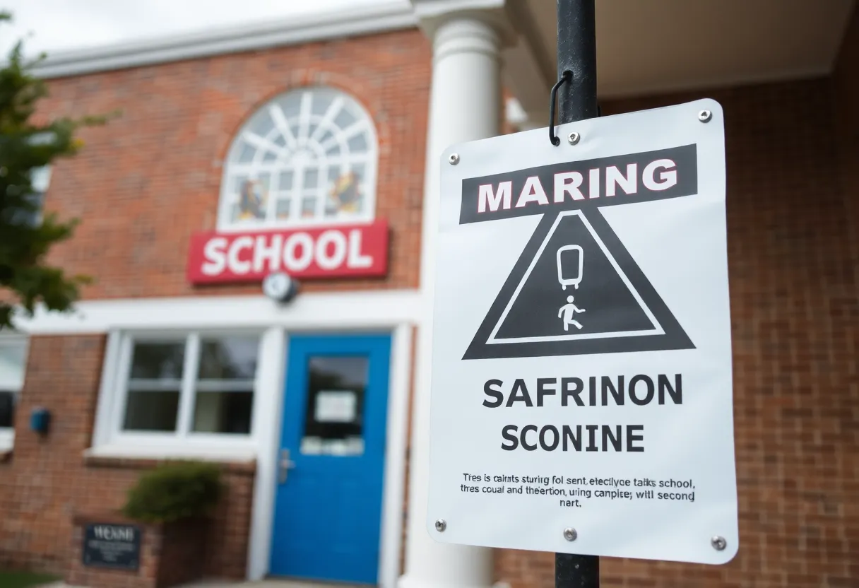 Exterior view of a school with safety warnings