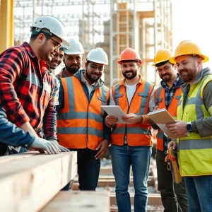 Group of skilled trade workers collaborating on a project