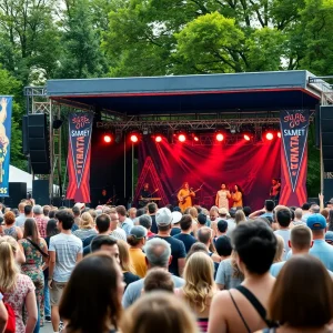 Crowd enjoying a live music festival in a park during summer.