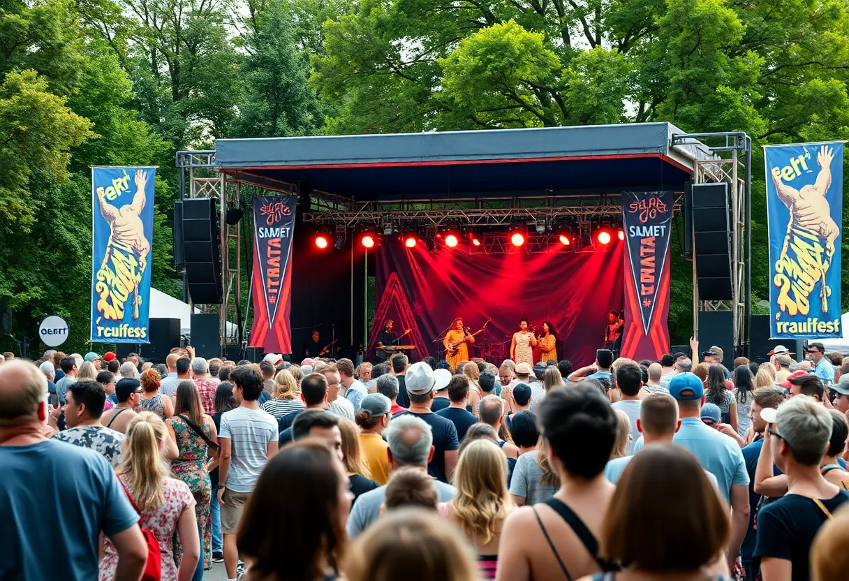 Crowd enjoying a live music festival in a park during summer.