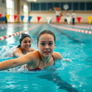 Female athletes competing in a swimming pool representing fairness in sports.