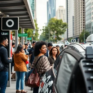 Commuters waiting at an Uber Route Share pickup point in a city