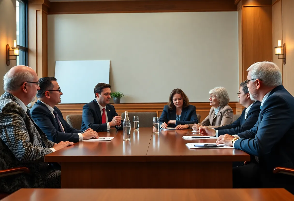 A diverse group discussing governance issues in a university setting.