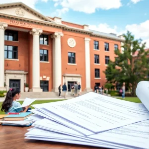 Campus exterior of the University of Pennsylvania with students working
