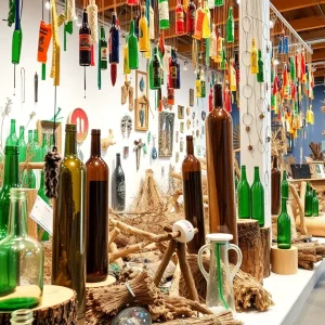 Artworks made from upcycled materials on display at a gallery.