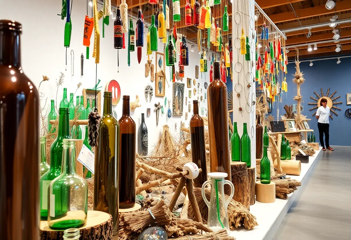 Artworks made from upcycled materials on display at a gallery.