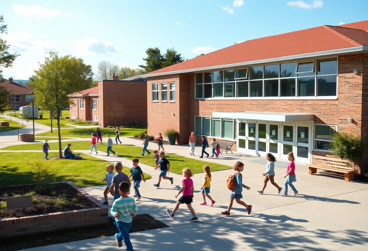 Upper St. Clair School District exterior with students playing