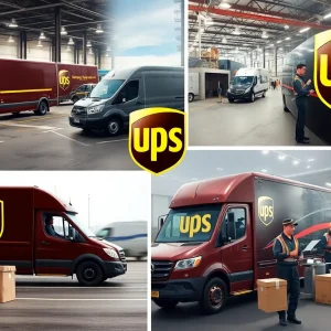 UPS delivery trucks at a logistics facility