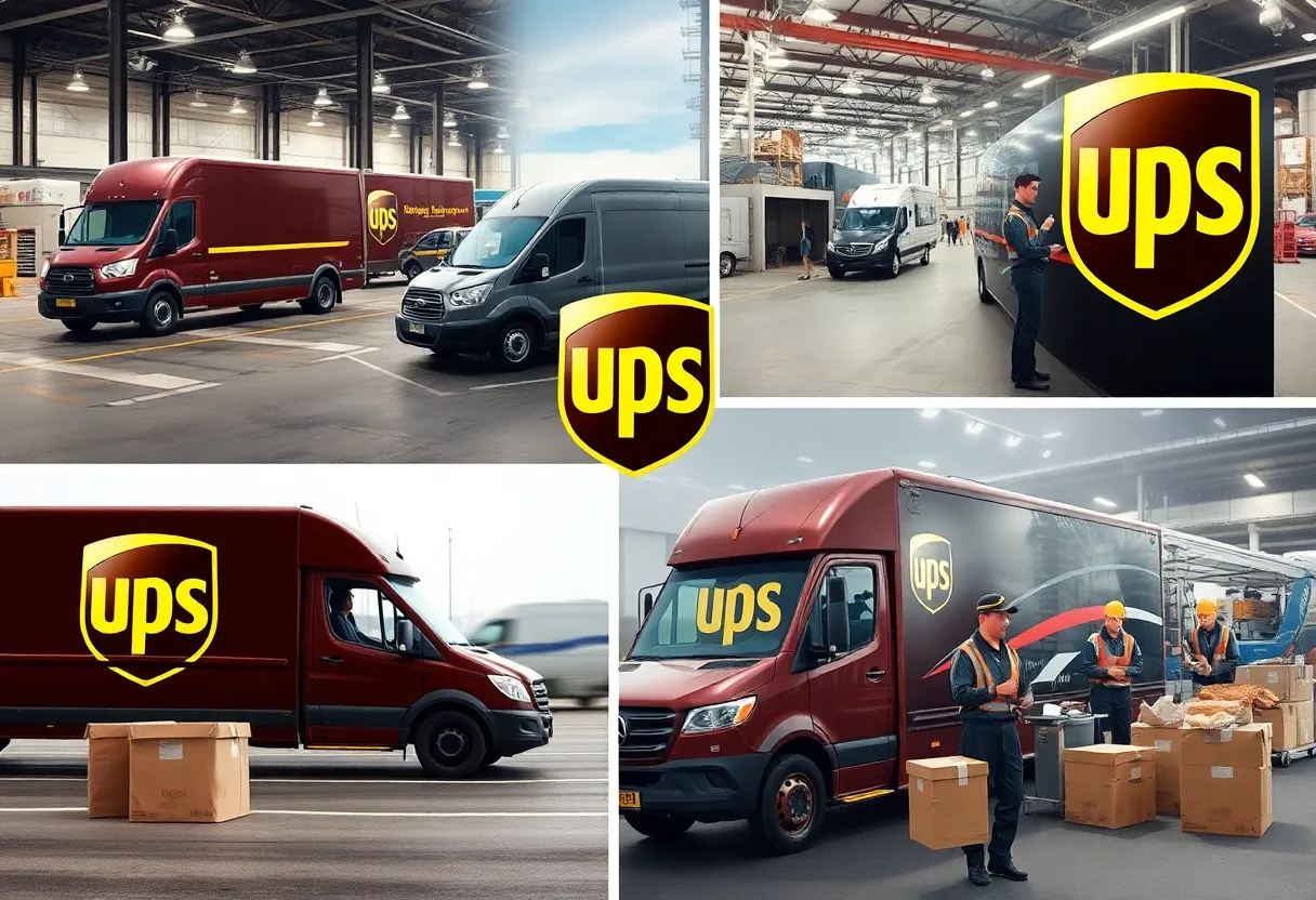 UPS delivery trucks at a logistics facility