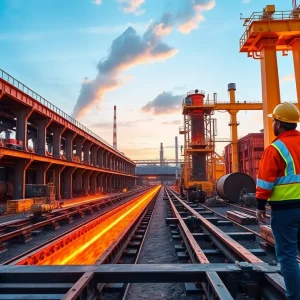 Modern steel manufacturing facility with workers