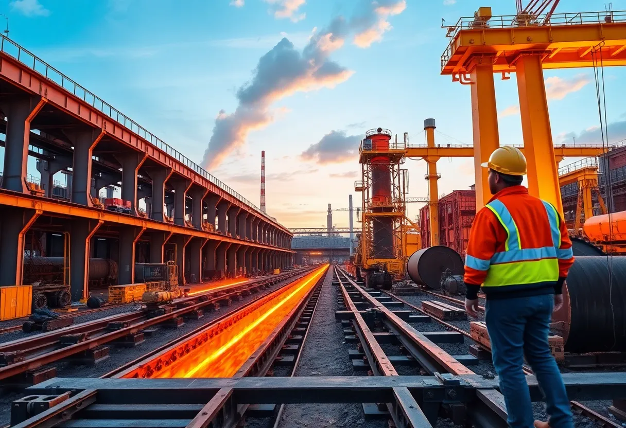 Modern steel manufacturing facility with workers