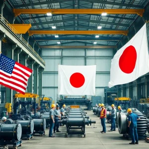 Workers in a steel plant representing U.S. and Japanese collaboration