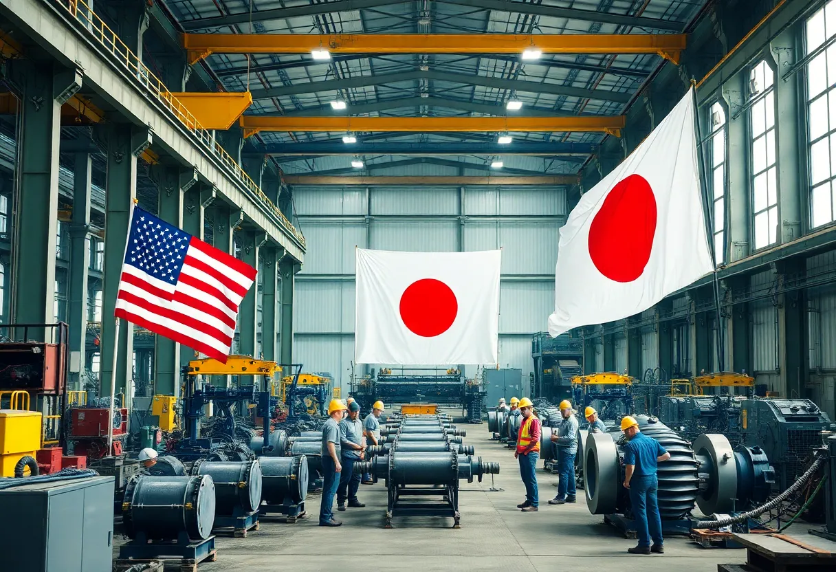 Workers in a steel plant representing U.S. and Japanese collaboration