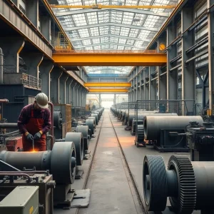 Workers operating machinery in a steel mill