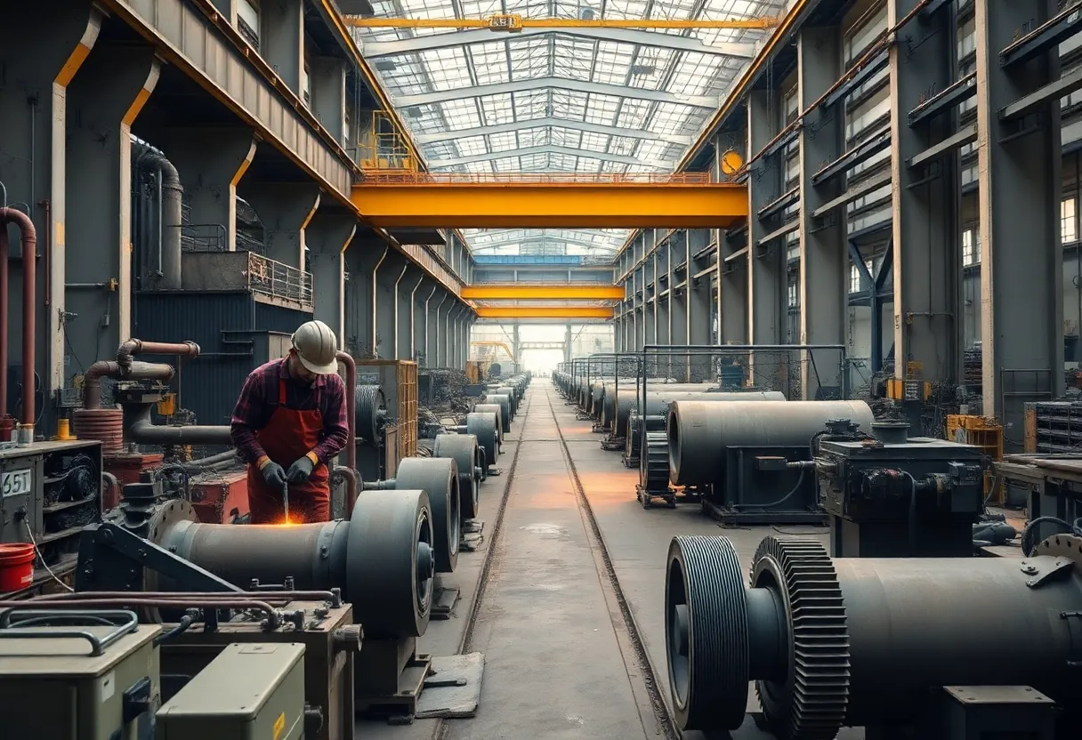 Workers operating machinery in a steel mill