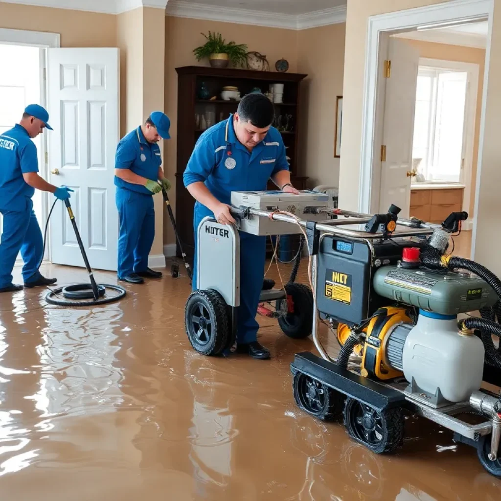 Water damage restoration specialists removing water from a flooded property