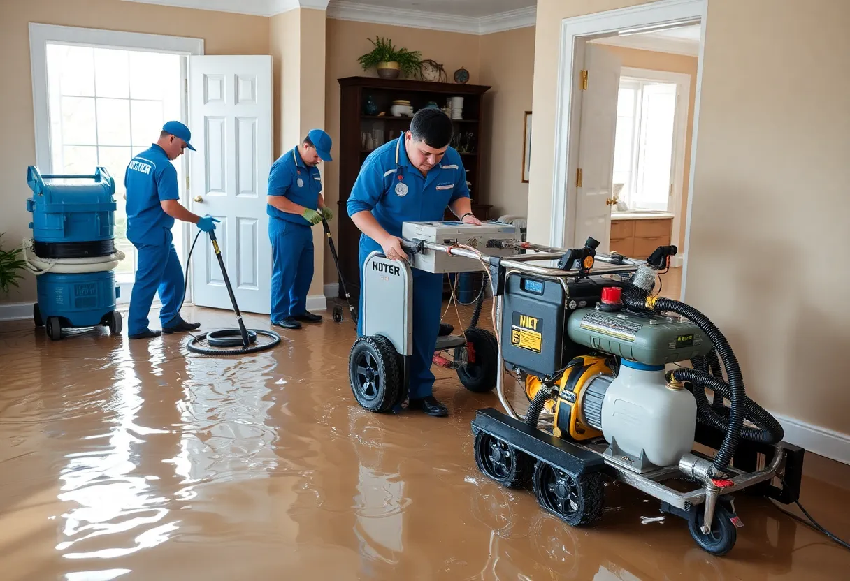Water damage restoration specialists removing water from a flooded property