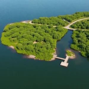 Aerial view of an 8.1-acre waterfront parcel in Rockland.