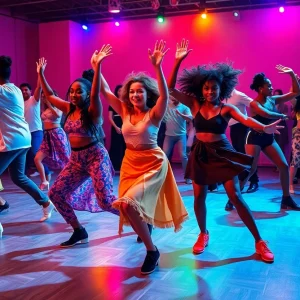 Dynamic performance by Waves Jazz Dance Company showcasing diverse dancers.