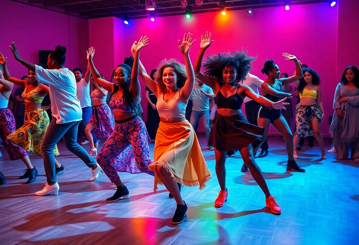 Dynamic performance by Waves Jazz Dance Company showcasing diverse dancers.