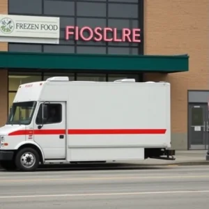 Closed Yelloh frozen food delivery facility with a parked delivery truck.