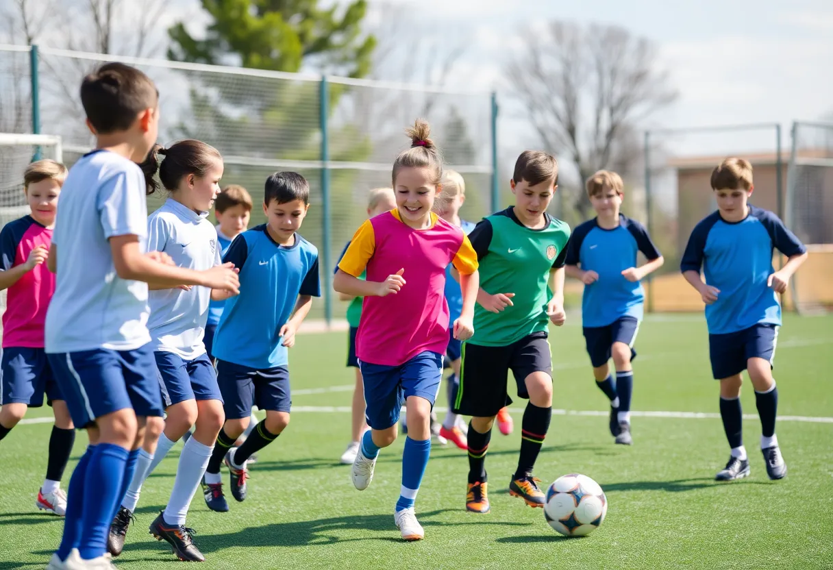 Young athletes training in soccer at Benchmark School