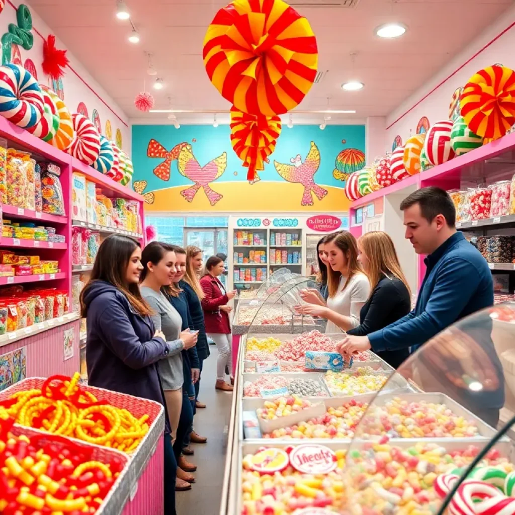 Interior of All Aboard Candy showing candies and customers