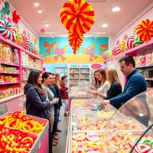 Interior of All Aboard Candy showing candies and customers