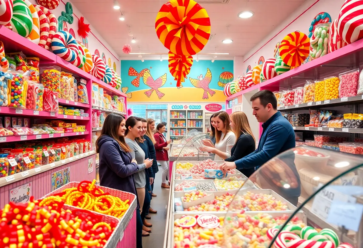 Interior of All Aboard Candy showing candies and customers
