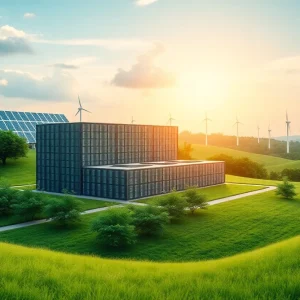 Visual representation of a modern data center with sustainable energy sources