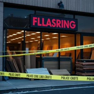 Burglary scene with broken glass and flooring pallets