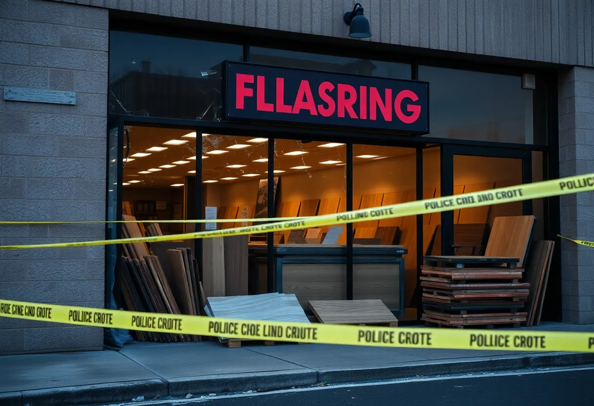 Burglary scene with broken glass and flooring pallets